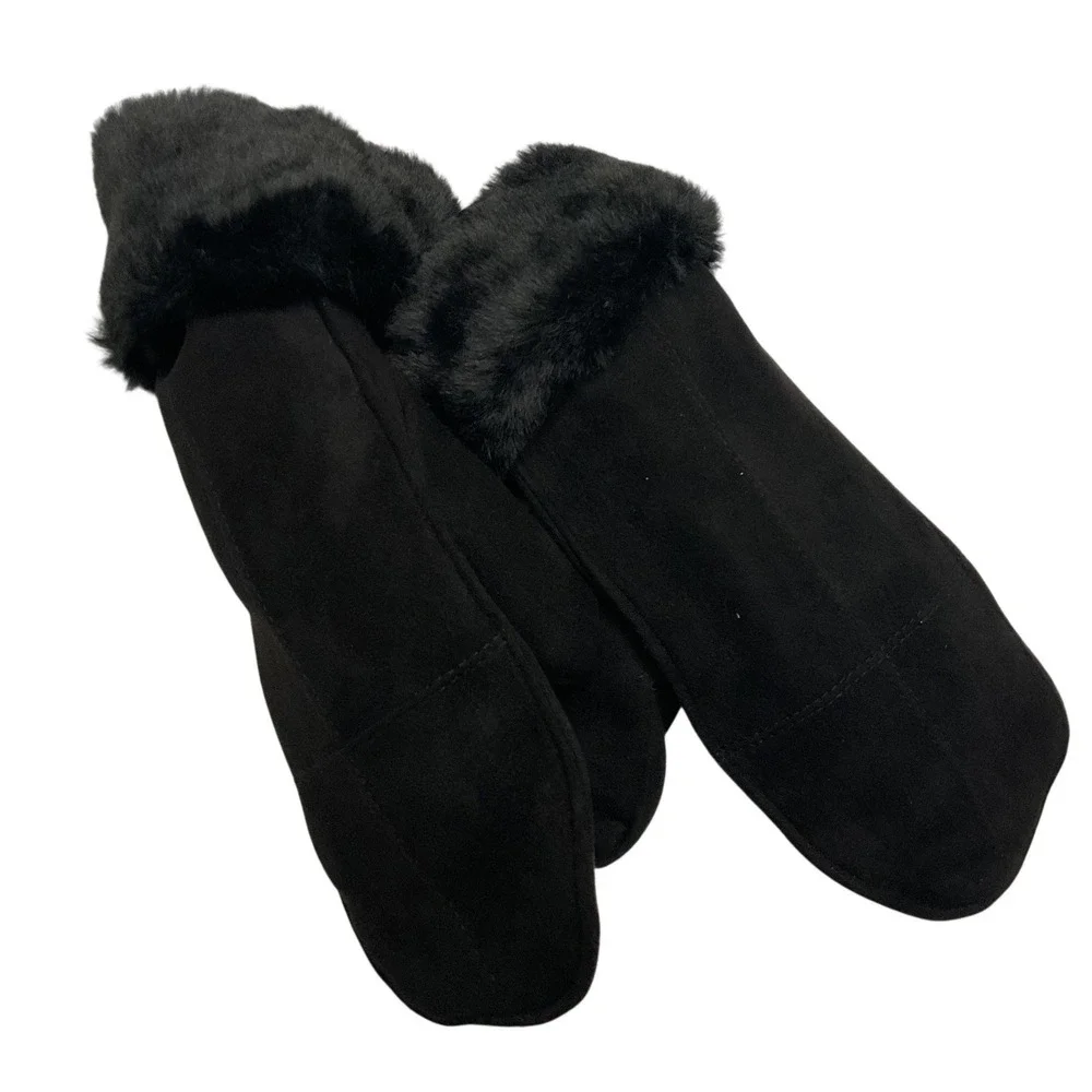 Urban Outfitters Black Faux Suede Mittens with Faux Fur Trim One Size NWT